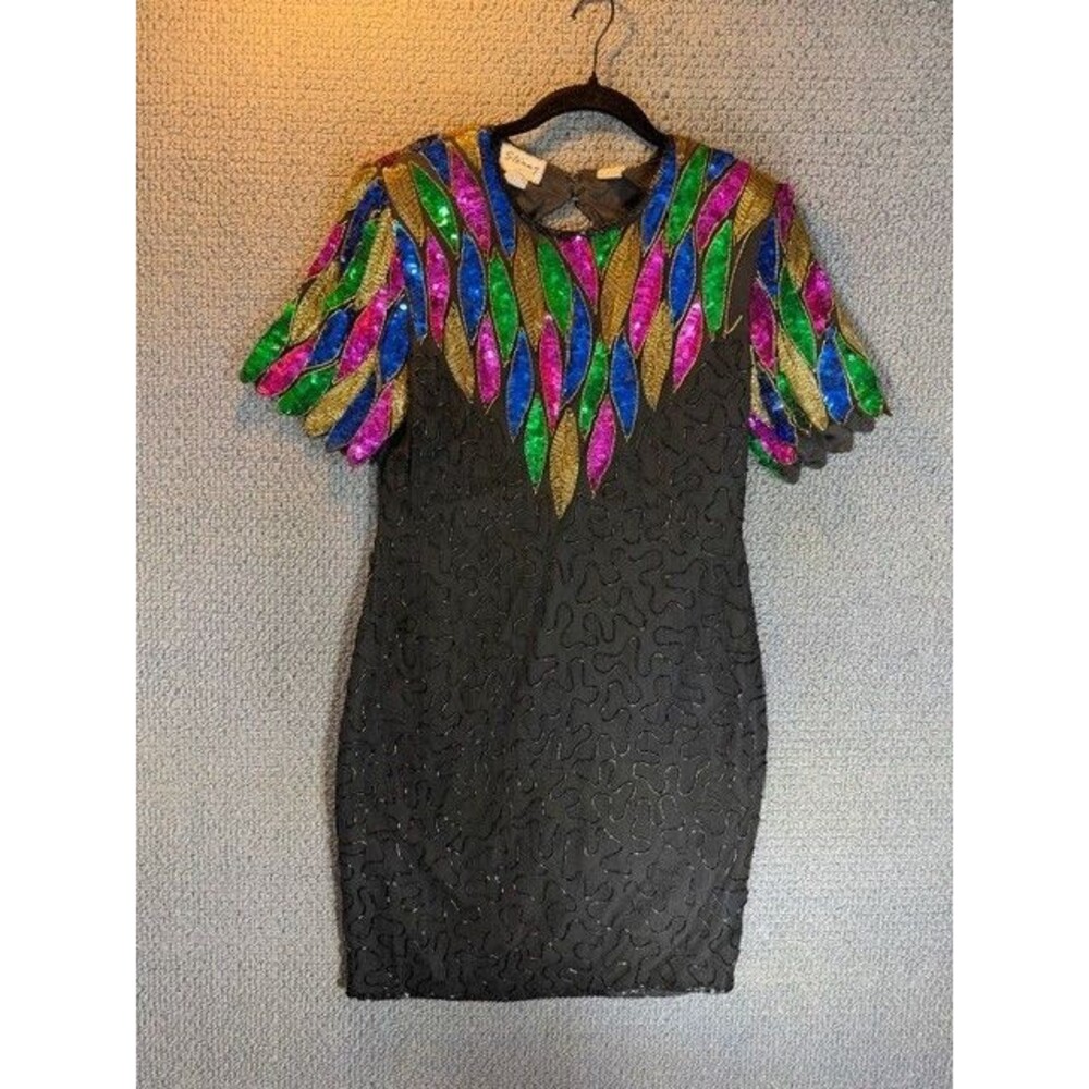 Vintage 80s 100% Silk Stenay Cocktail Dress Multi Black Sequin Beaded Size 8